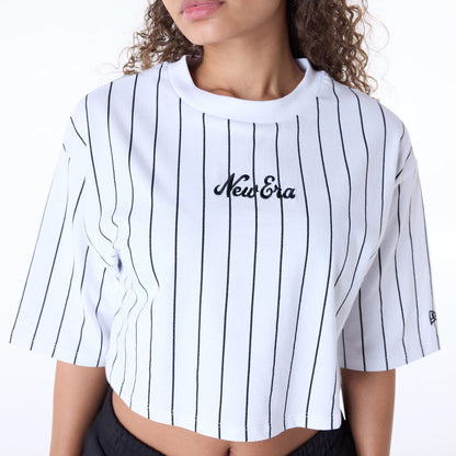 The Female model is wearing Womens New Era Pinstripe White T-Shirt 5