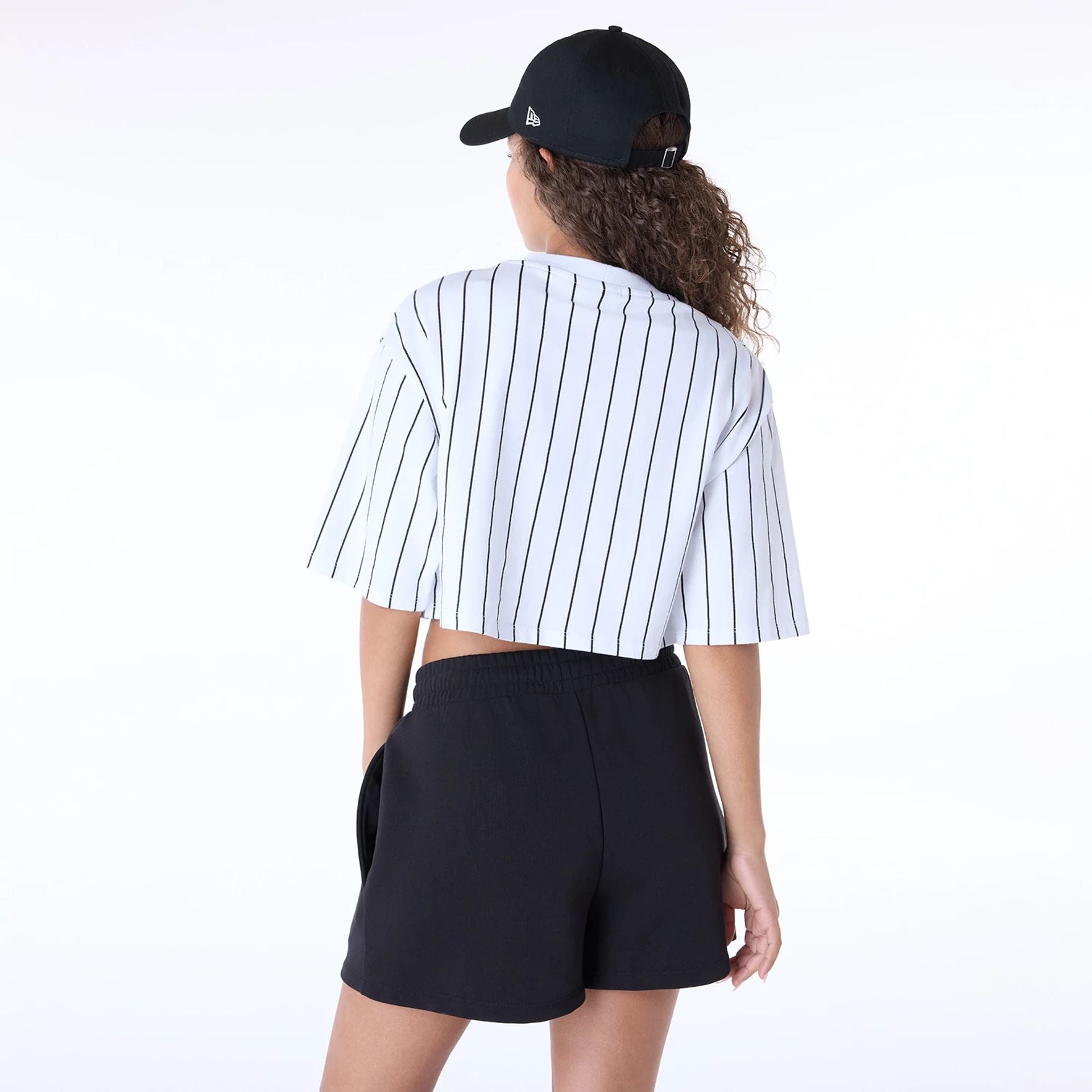 The Female model is wearing Womens New Era Pinstripe White T-Shirt 7