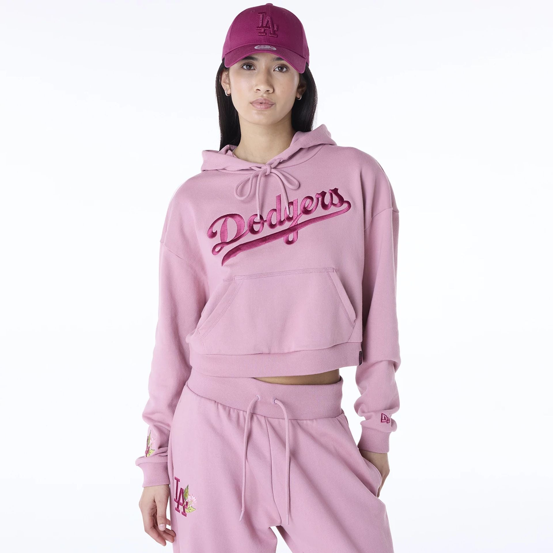 The Female model is wearing LA Dodgers Womens MLB Graphic Dark Pink Pullover Hoodie 1