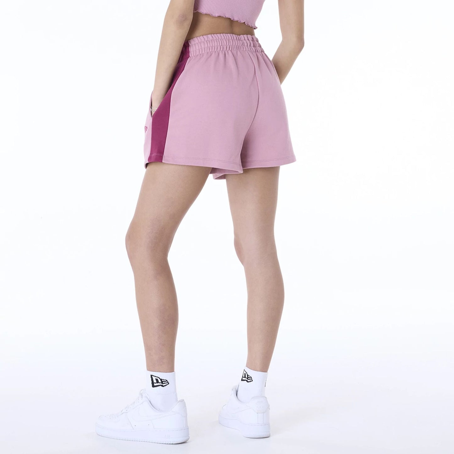 The Female model is wearing LA Dodgers Womens MLB Dark Pink Shorts 8