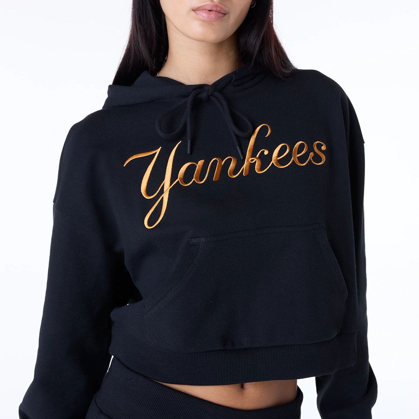 The Female model is wearing New York Yankees Womens MLB Graphic Black Pullover Hoodie 2