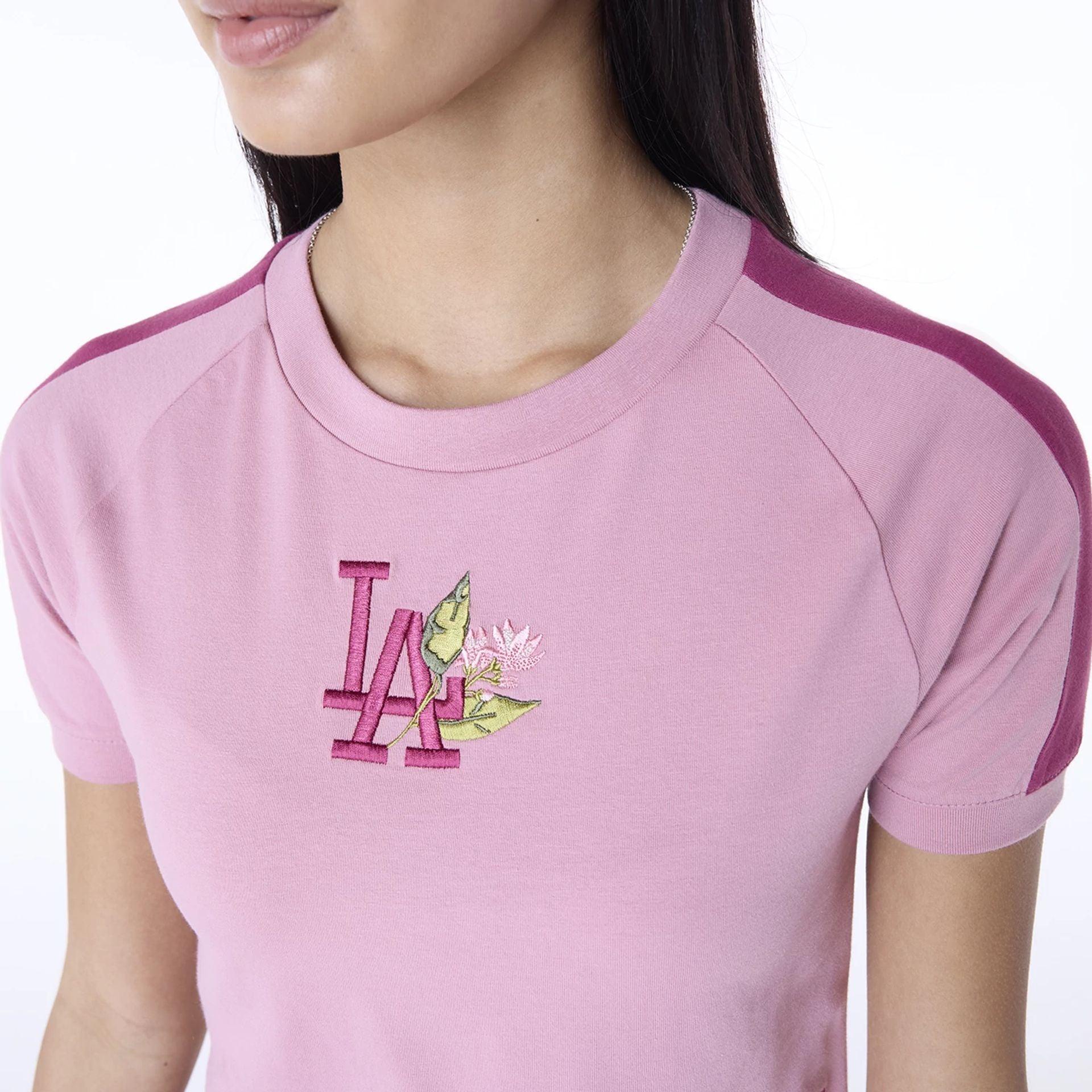 The Female model is wearing LA Dodgers Womens MLB Floral Dark Pink T-Shirt 2