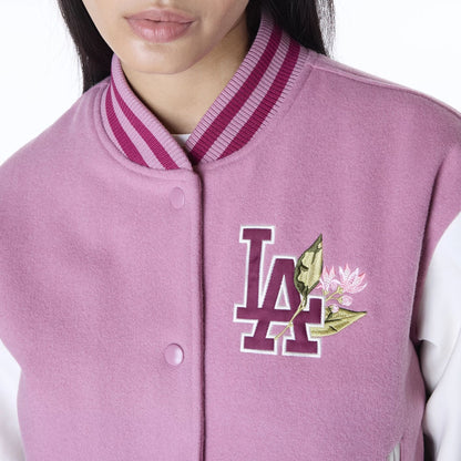 The Female model is wearing LA Dodgers Womens MLB Floral Dark Pink Varsity Jacket 7