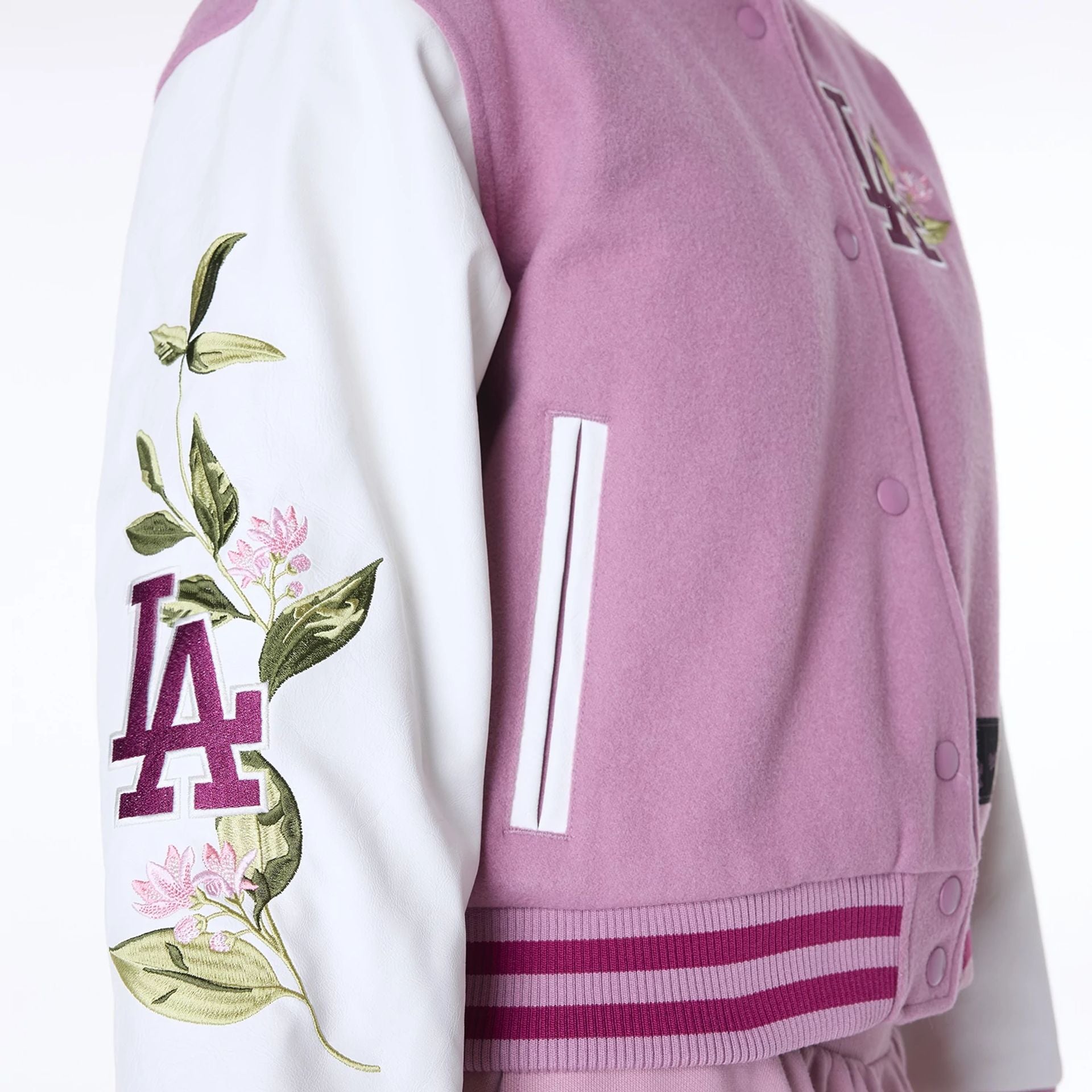 The Female model is wearing LA Dodgers Womens MLB Floral Dark Pink Varsity Jacket 5