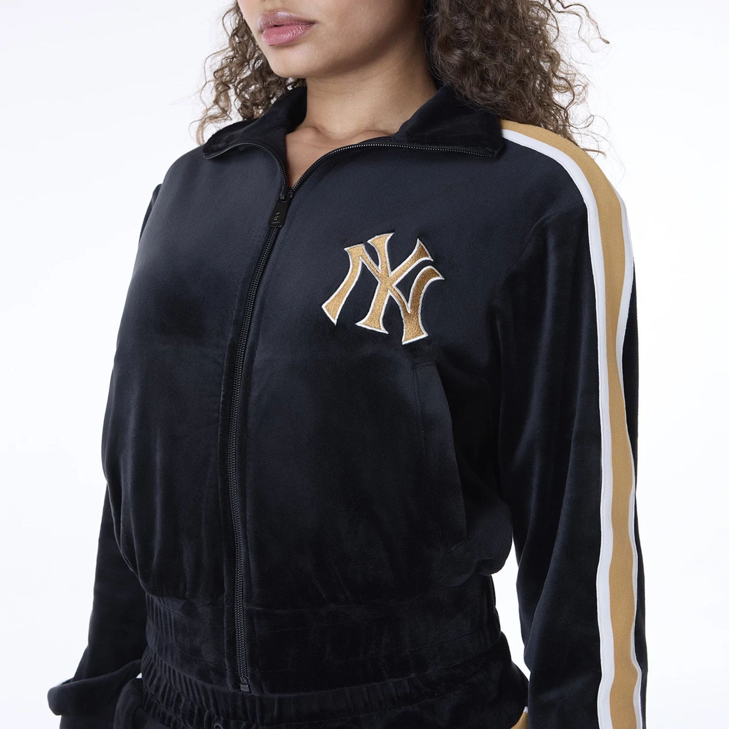 The Female model is wearing New York Yankees Womens MLB Velour Black Track Jacket 2