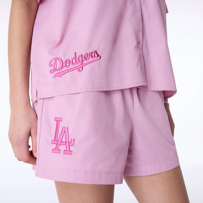 The Female model is wearing LA Dodgers Womens MLB Script Revere Dark Pink T-Shirt 2