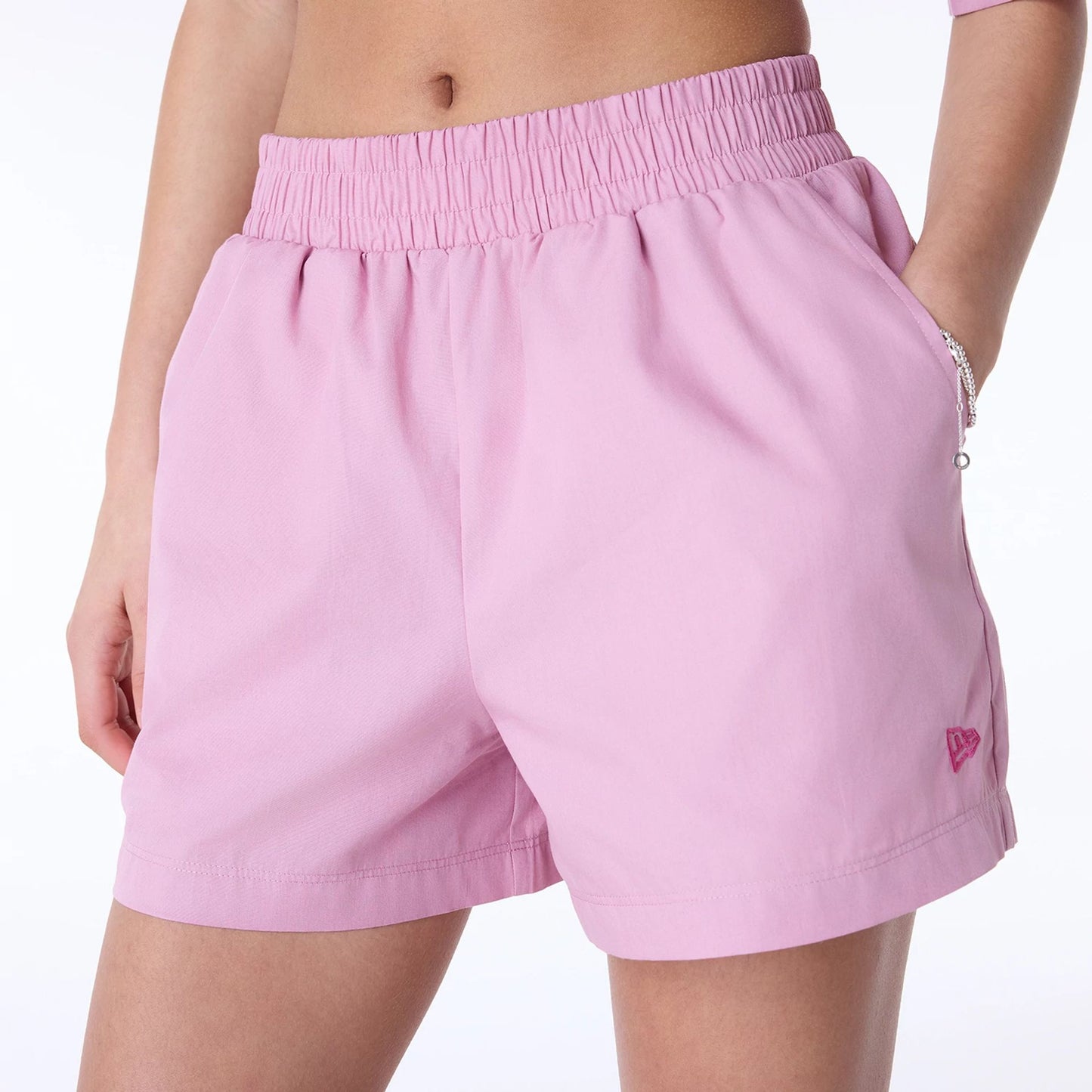 The Female model is wearing LA Dodgers Womens MLB Dark Pink Shorts 3