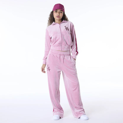 The Female model is wearing LA Dodgers Womens MLB Velour Dark Pink Joggers 3