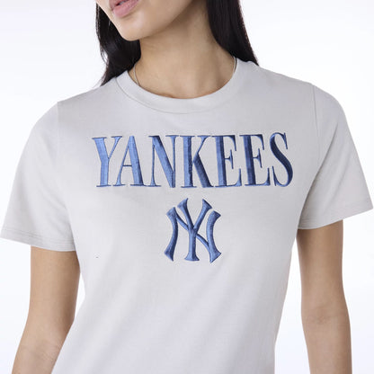 The Female model is wearing New York Yankees Womens MLB Light Beige T-Shirt 2