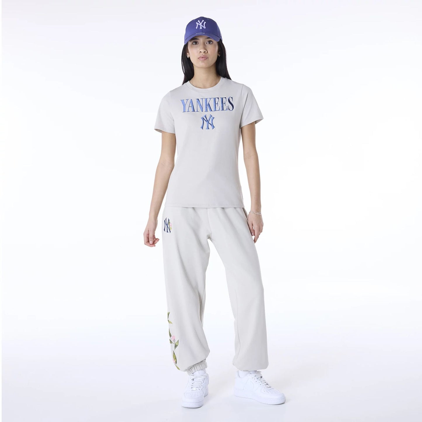 The Female model is wearing New York Yankees Womens MLB Light Beige T-Shirt 3