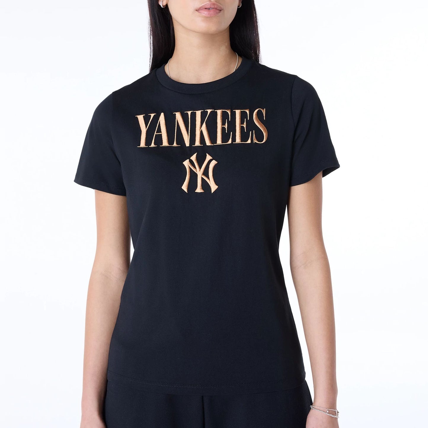 The Female model is wearing New York Yankees Womens MLB Black T-Shirt 7