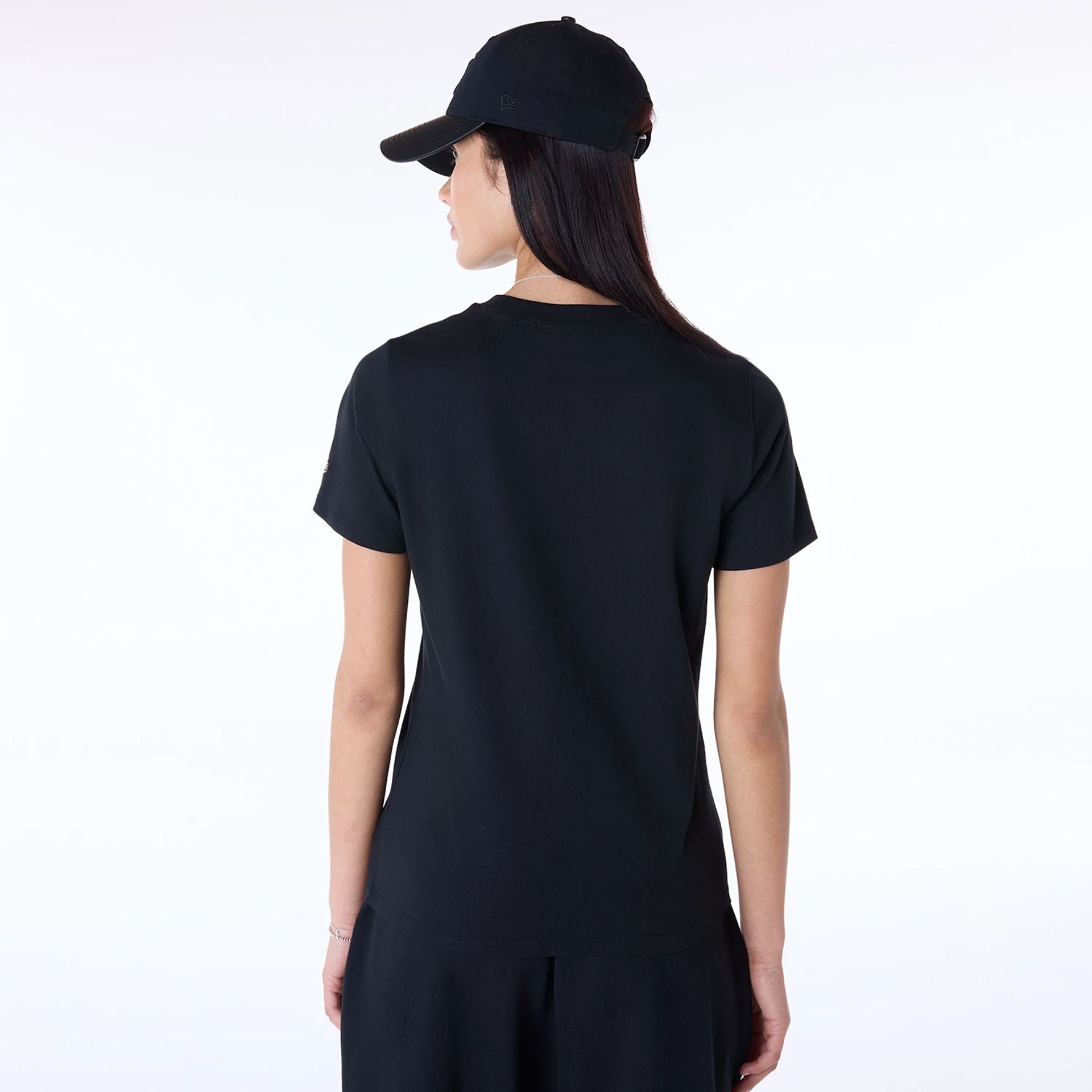 The Female model is wearing New York Yankees Womens MLB Black T-Shirt 2