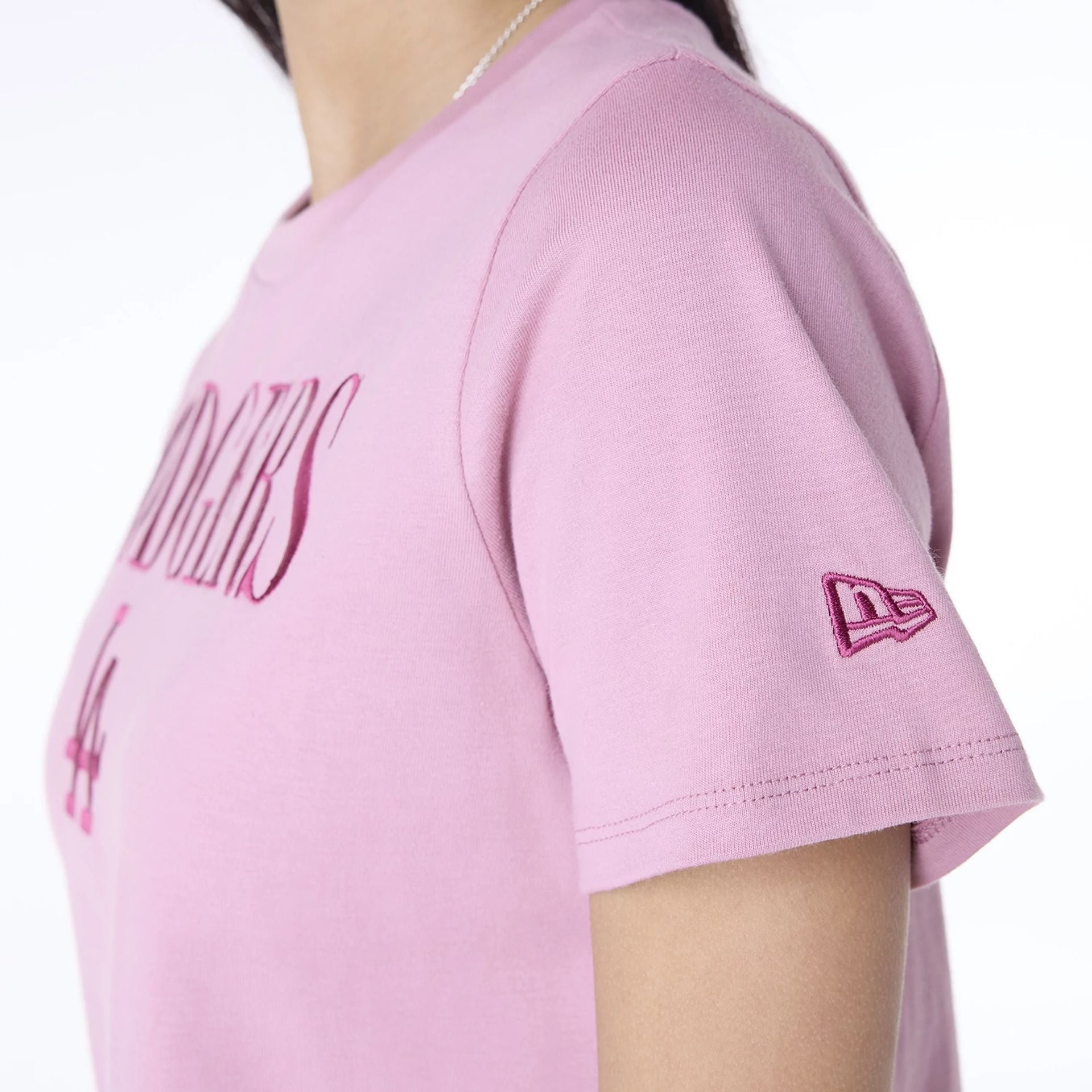 The Female model is wearing LA Dodgers Womens MLB Dark Pink T-Shirt 6