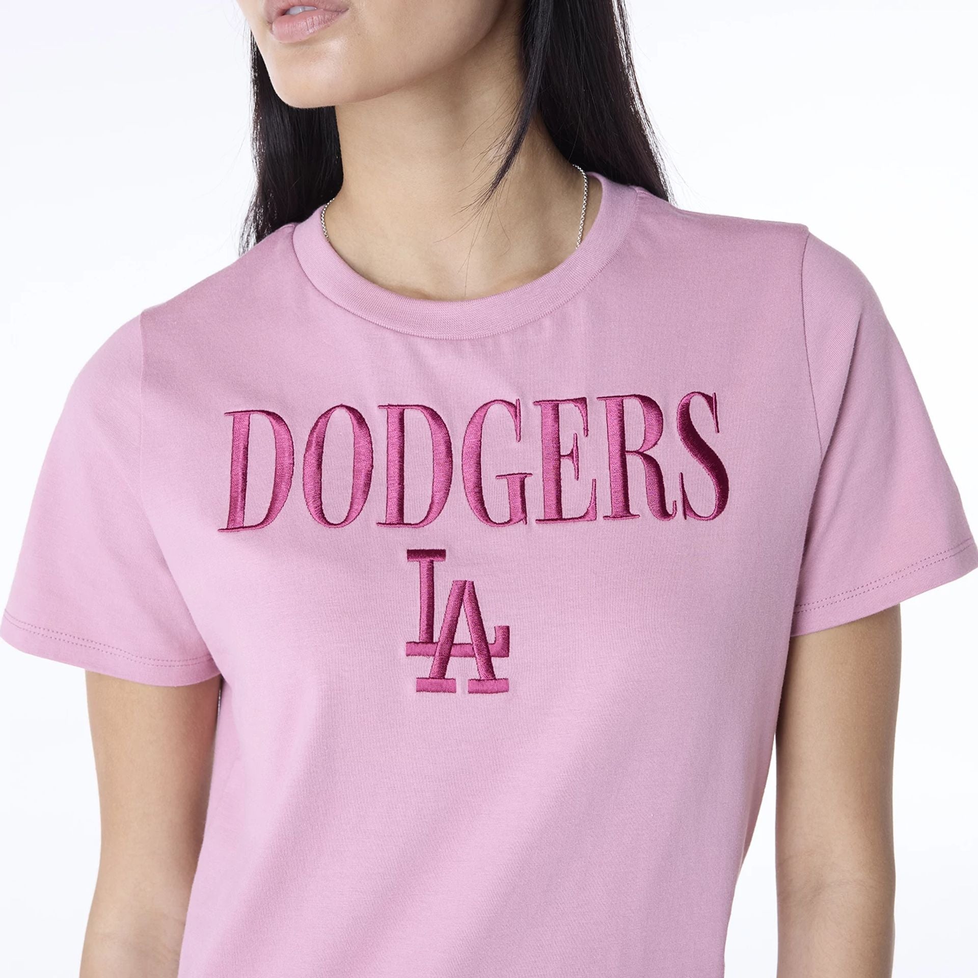 The Female model is wearing LA Dodgers Womens MLB Dark Pink T-Shirt 4