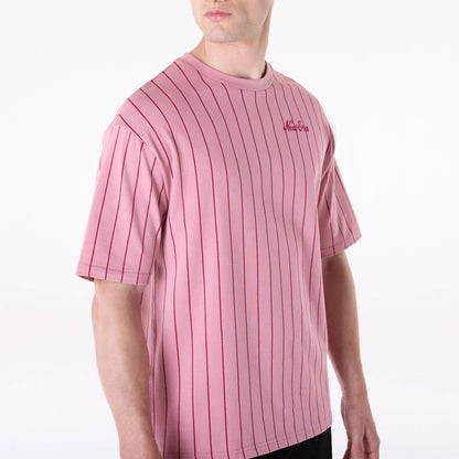 The Male model is wearing New Era Pinstripe Dark Pink Oversized T-Shirt 3