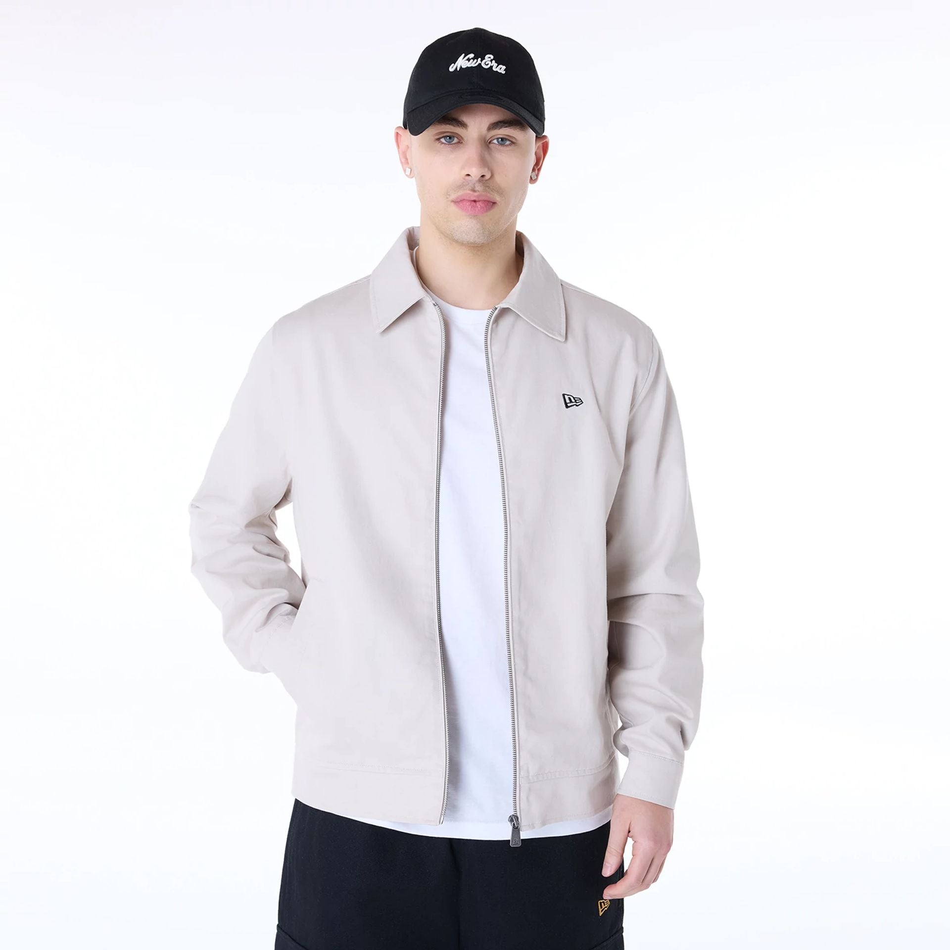 The Male model is wearing New Era Collared Cream Jacket 8