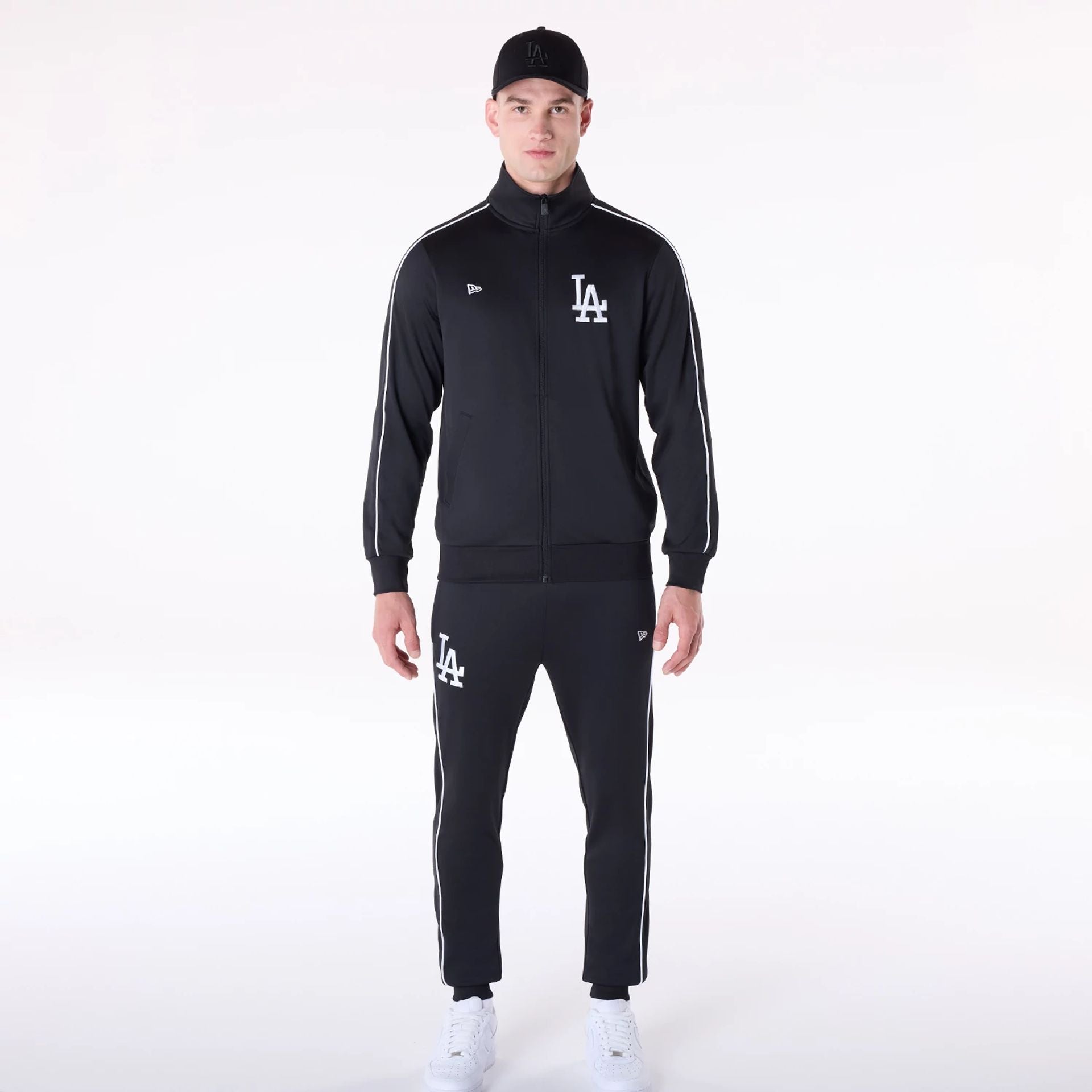 The Male model is wearing LA Dodgers MLB Poly Track Set Black Track Suit 1