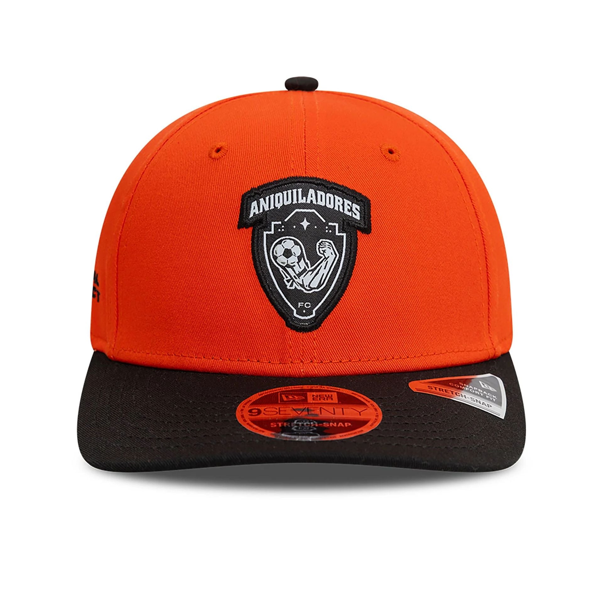 This is a Anquiladores FC Kings League Draft Orange 9SEVENTY Stretch Snap Adjustable Cap 2