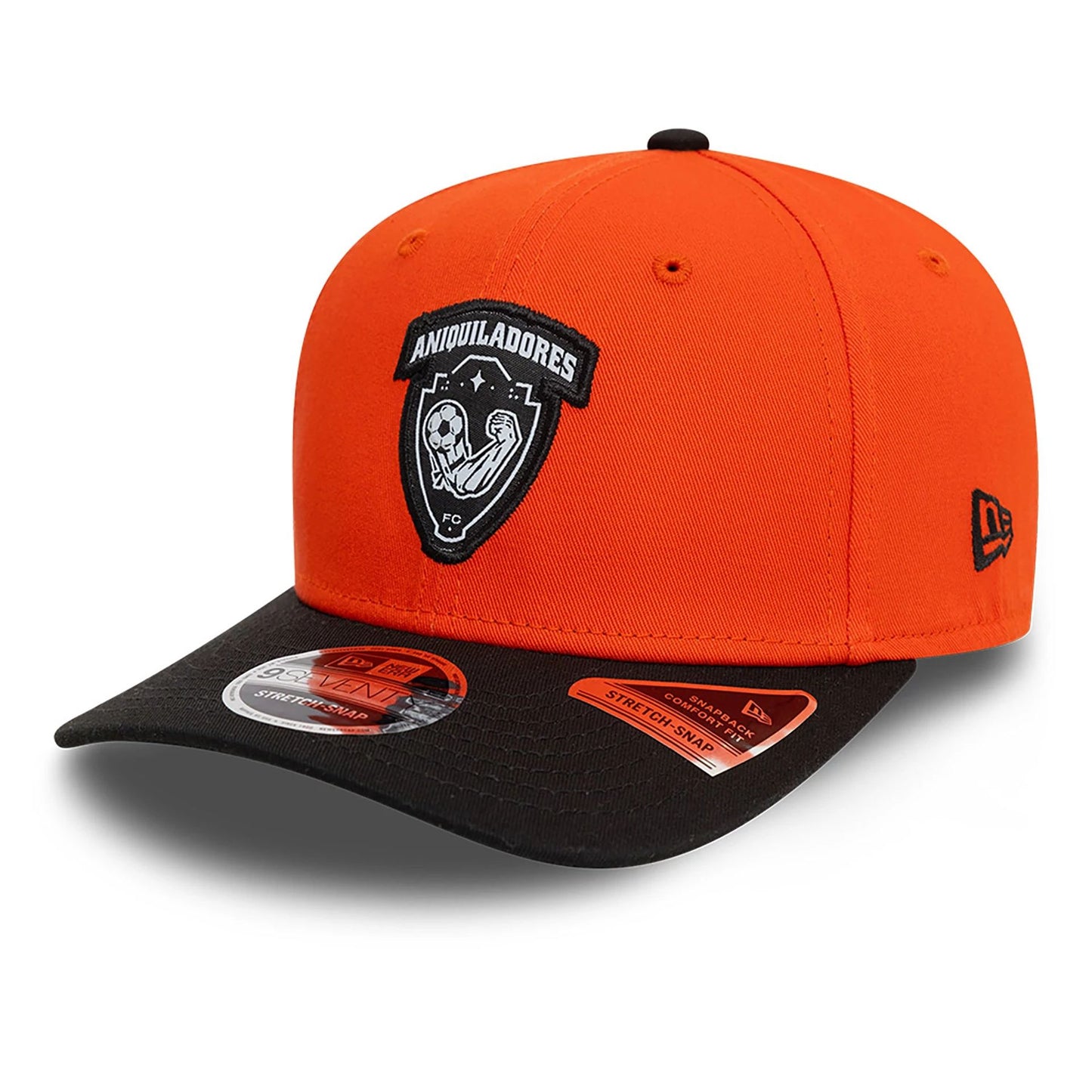 This is a Anquiladores FC Kings League Draft Orange 9SEVENTY Stretch Snap Adjustable Cap 3