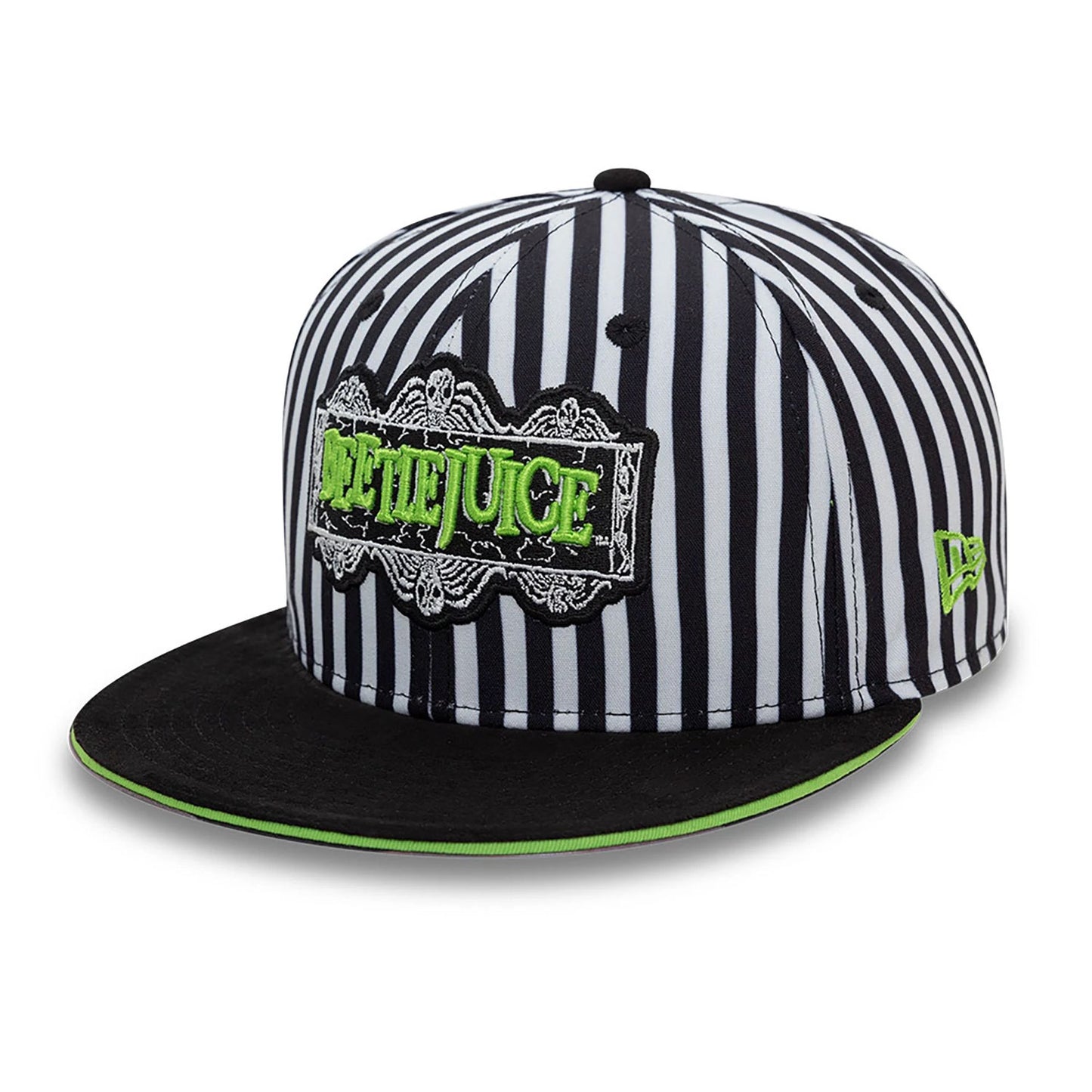 This is a Beetlejuice Stripes Black And White 9FIFTY Snapback Adjustable Cap 1