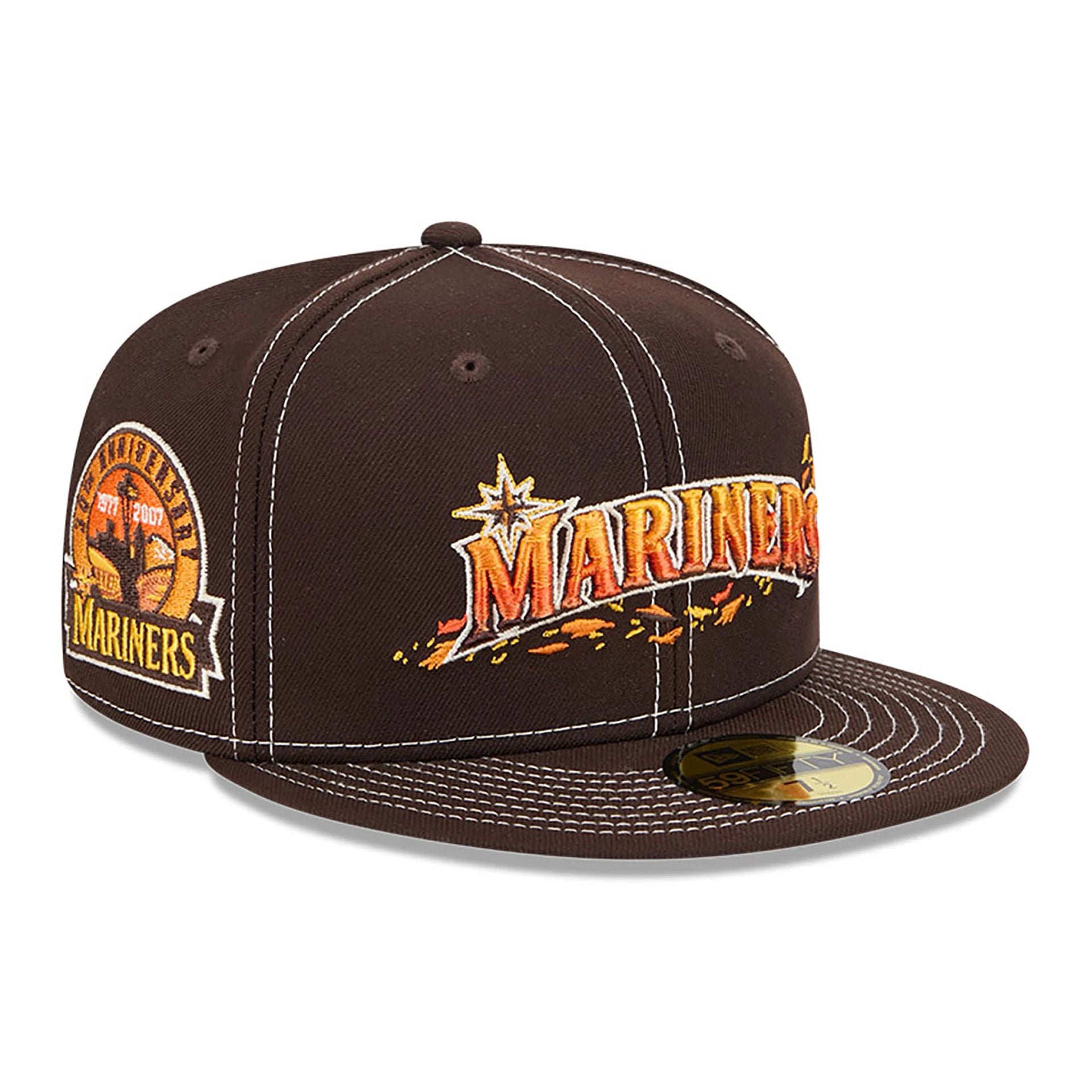 This is a Seattle Mariners Fall Foliage Dark Brown 59FIFTY Fitted Cap 1