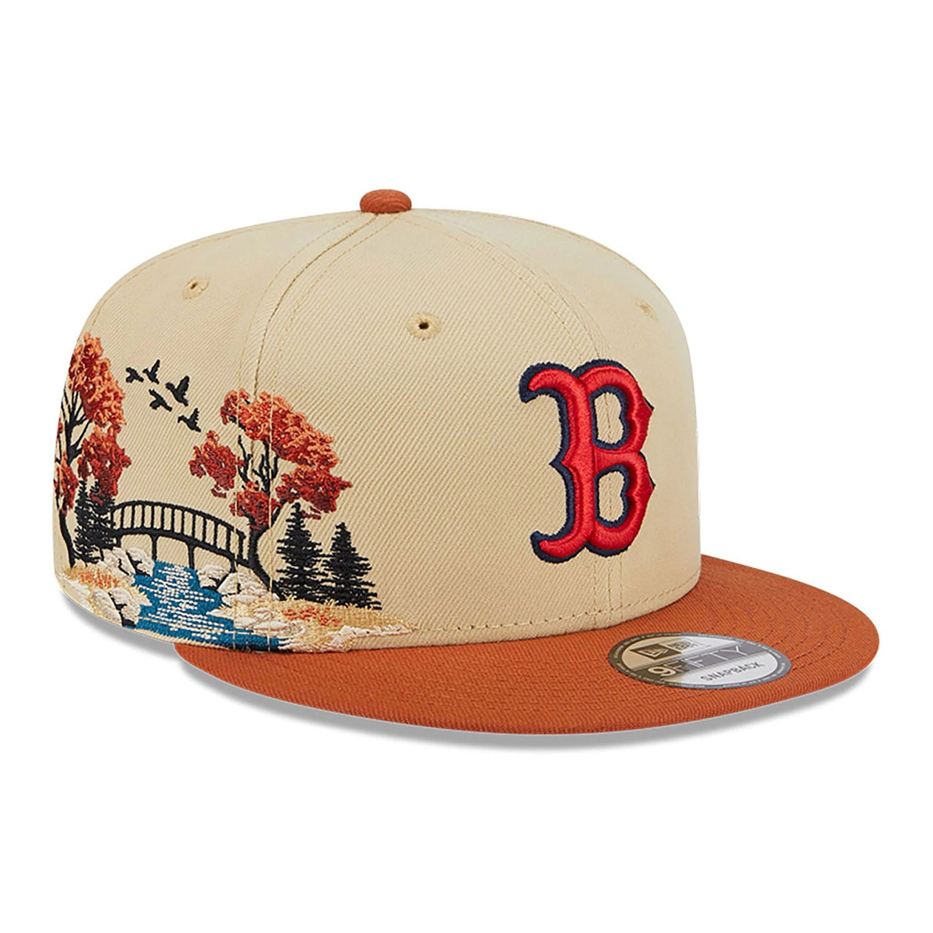 This is a Boston Red Sox Fall Landscape Light Beige 9FIFTY Snapback Cap 1