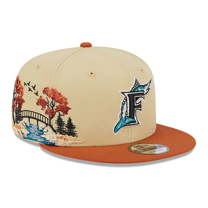 This is a Miami Marlins Fall Landscape Light Beige 9FIFTY Snapback Cap 1