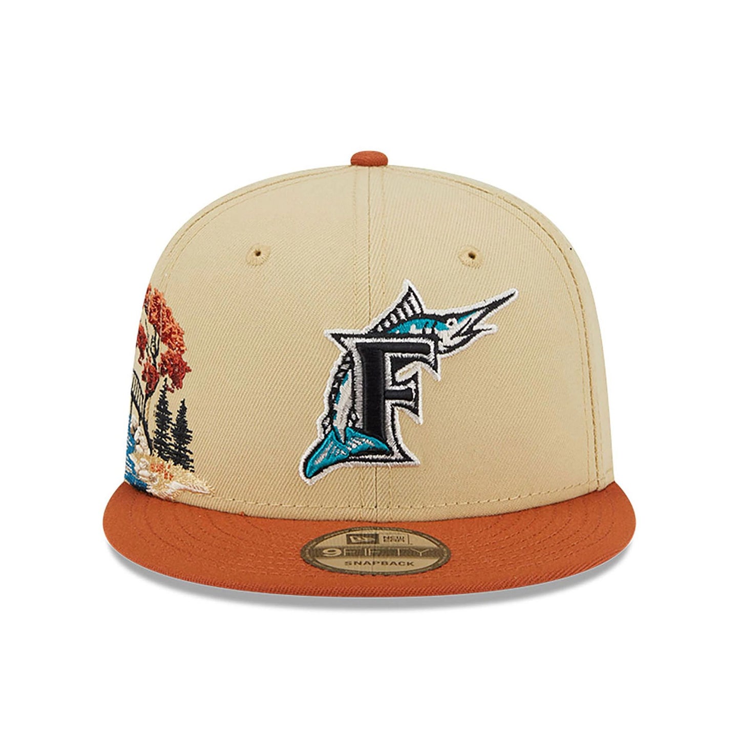 This is a Miami Marlins Fall Landscape Light Beige 9FIFTY Snapback Cap 3