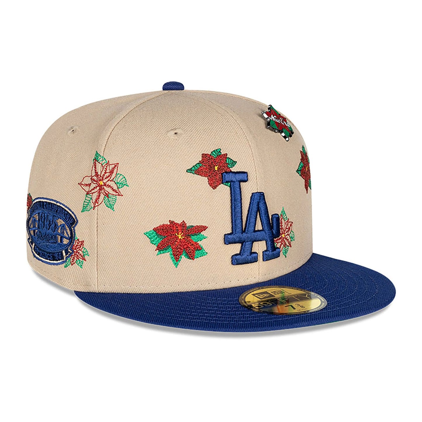 This is a LA Dodgers Christmas Poinsettia Light Beige 59FIFTY Fitted Cap 1