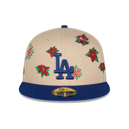 This is a LA Dodgers Christmas Poinsettia Light Beige 59FIFTY Fitted Cap 3