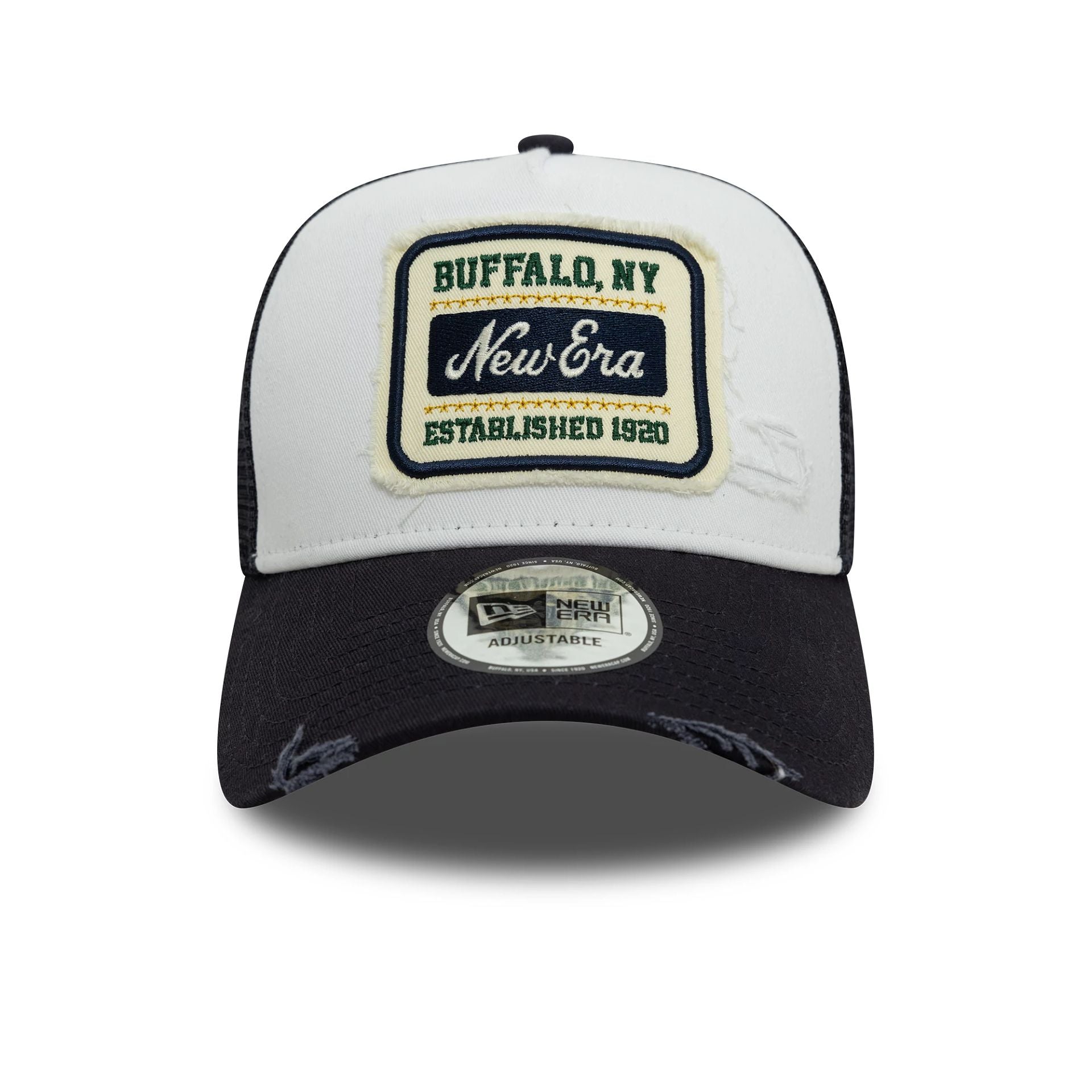 This is a New Era Patch Distressed Black 9FORTY A-Frame Trucker Adjustable Cap 2