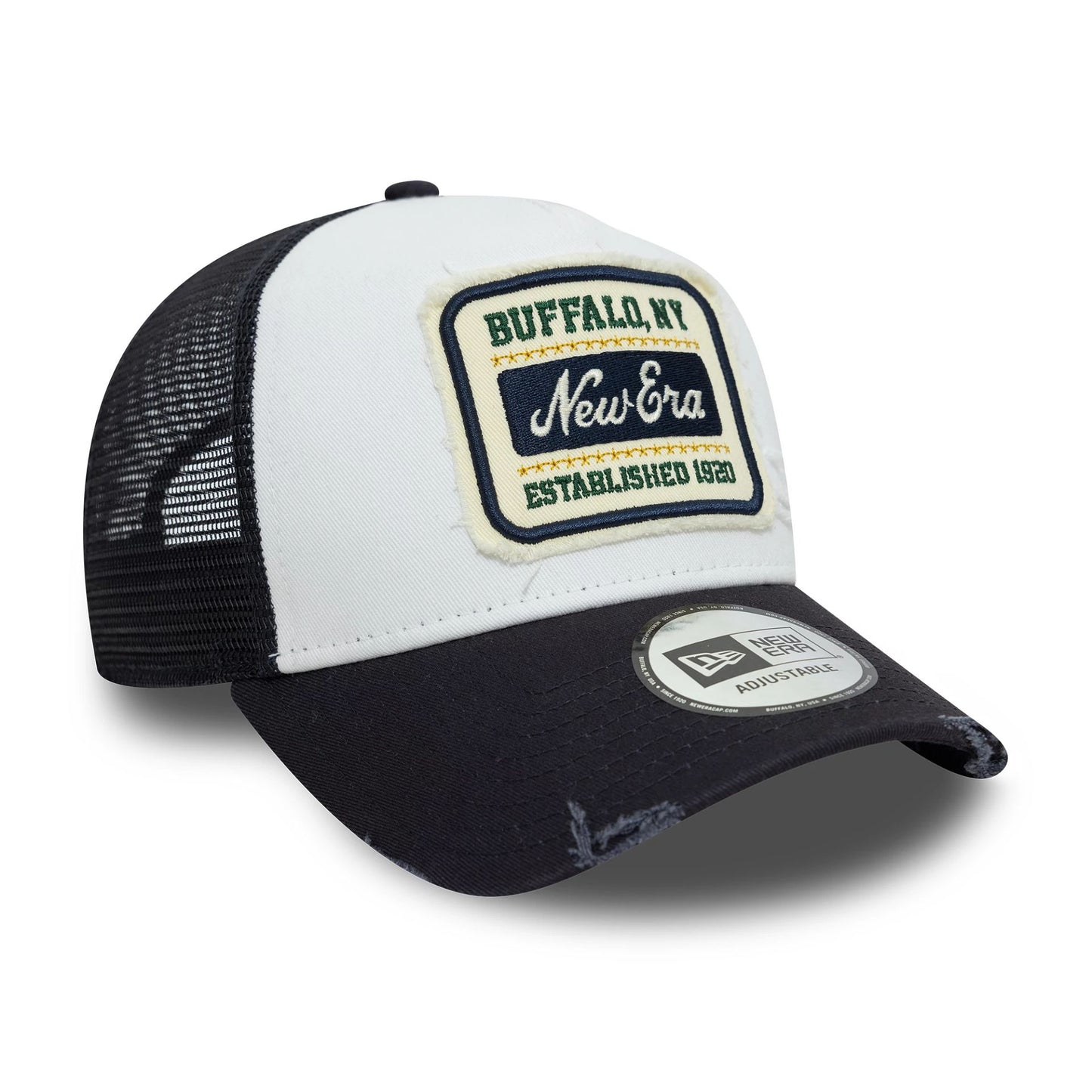 This is a New Era Patch Distressed Black 9FORTY A-Frame Trucker Adjustable Cap 3