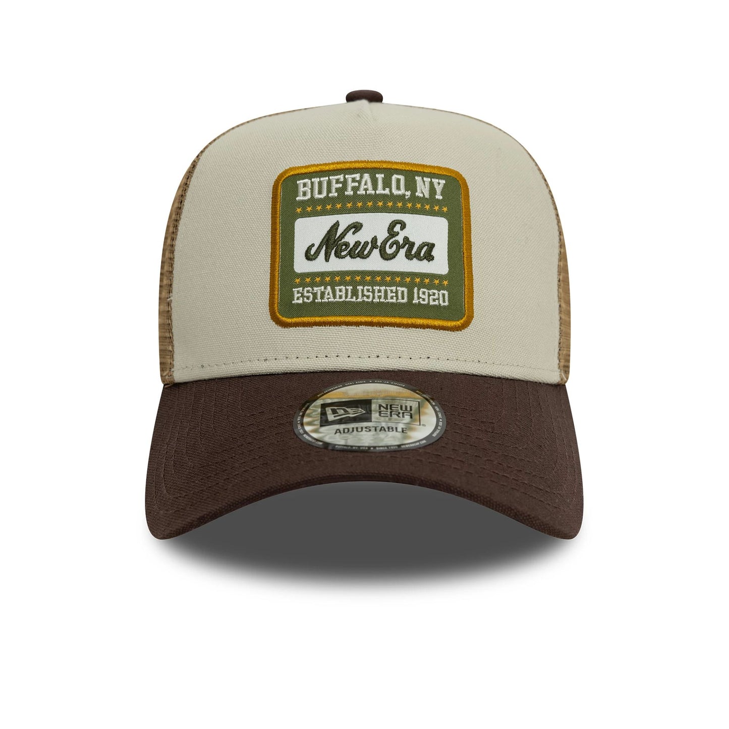 This is a New Era Patch Cotton Canvas Cream 9FORTY A-Frame Trucker Adjustable Cap 2