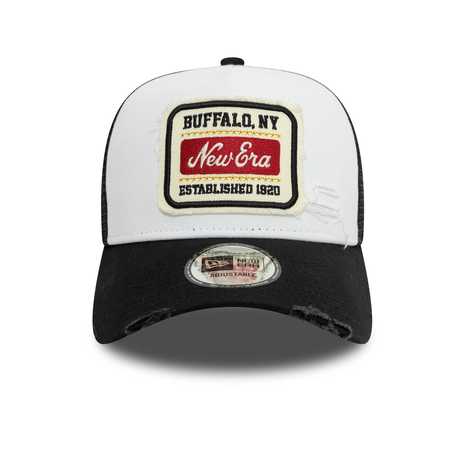 This is a New Era Patch Distressed White 9FORTY A-Frame Trucker Adjustable Cap 2