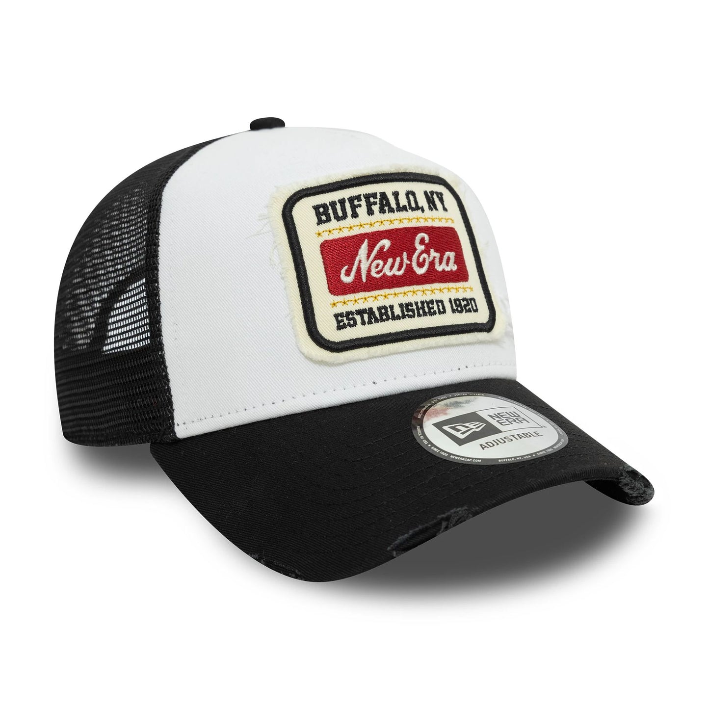 This is a New Era Patch Distressed White 9FORTY A-Frame Trucker Adjustable Cap 3