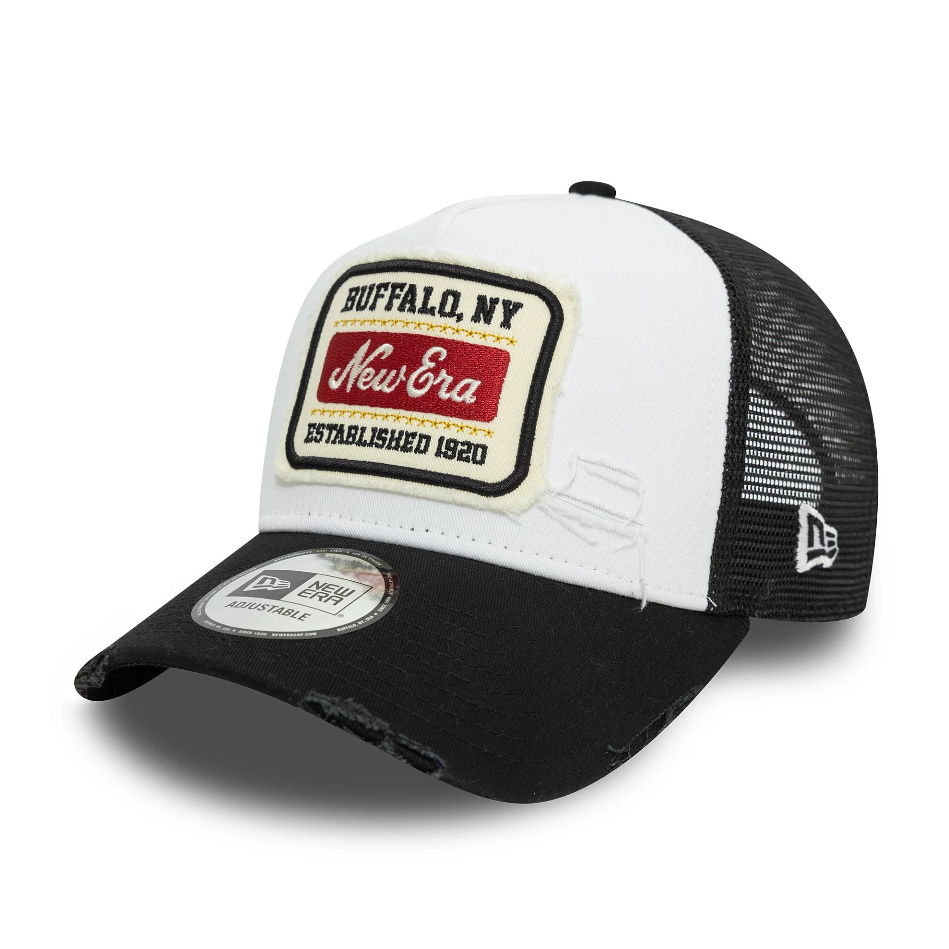 This is a New Era Patch Distressed White 9FORTY A-Frame Trucker Adjustable Cap 1