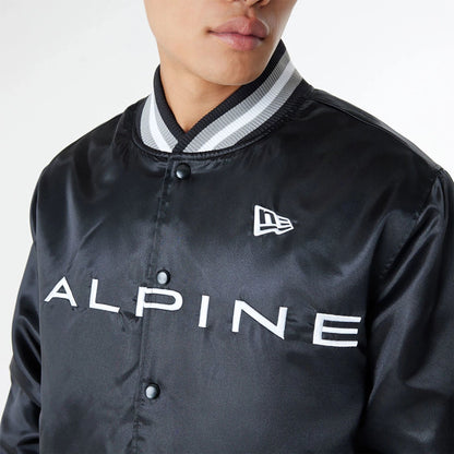 The Male model is wearing BTW Alpine F1 Racing x San Antonio Spurs Black Satin Bomber Jacket 4