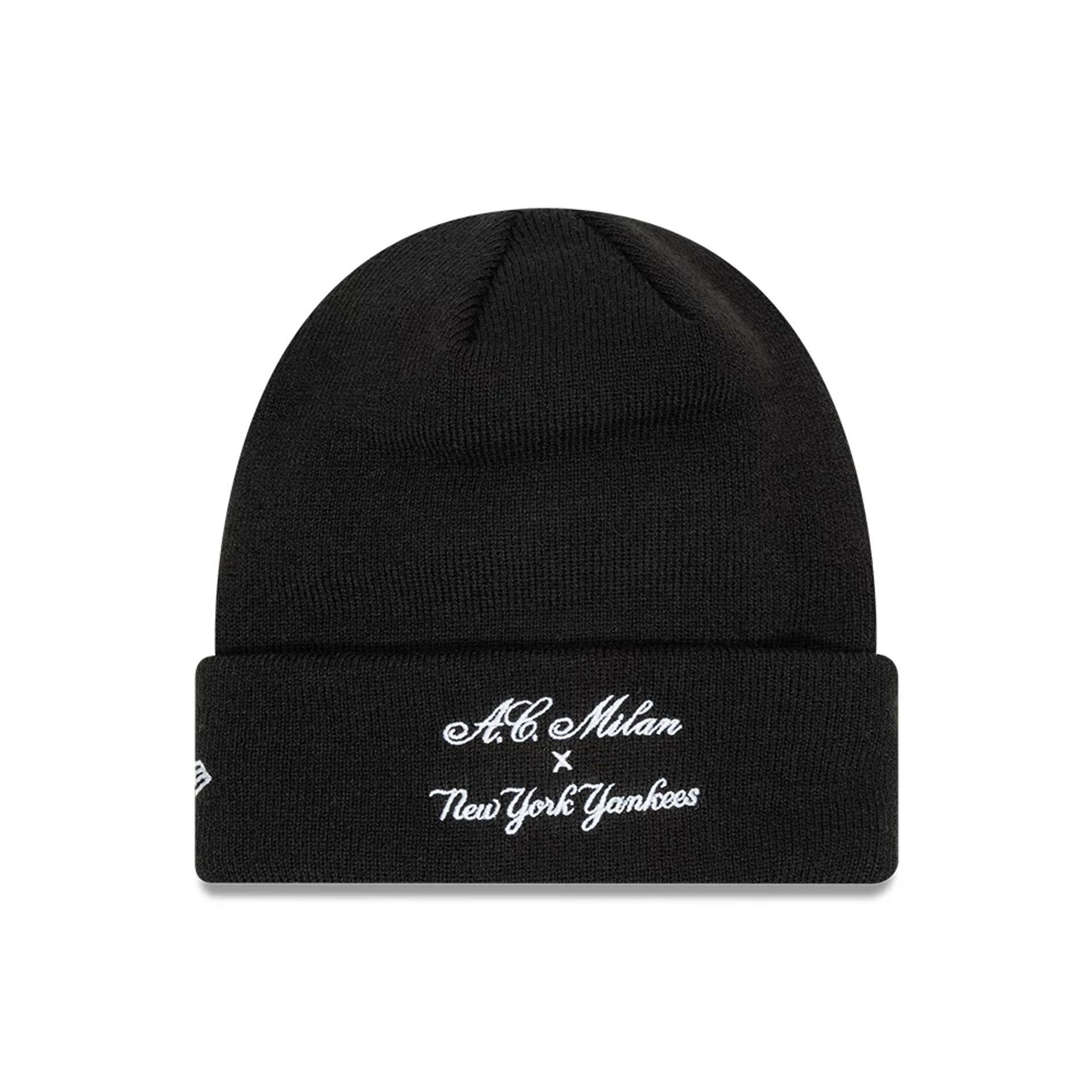 This is a AC Milan x New York Yankees Script Black Cuff Knit Beanie Hat 2