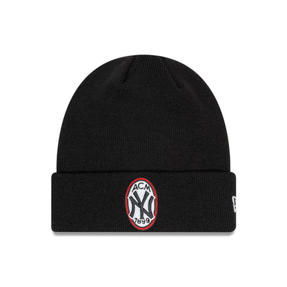 This is a AC Milan x New York Yankees Script Black Cuff Knit Beanie Hat 1