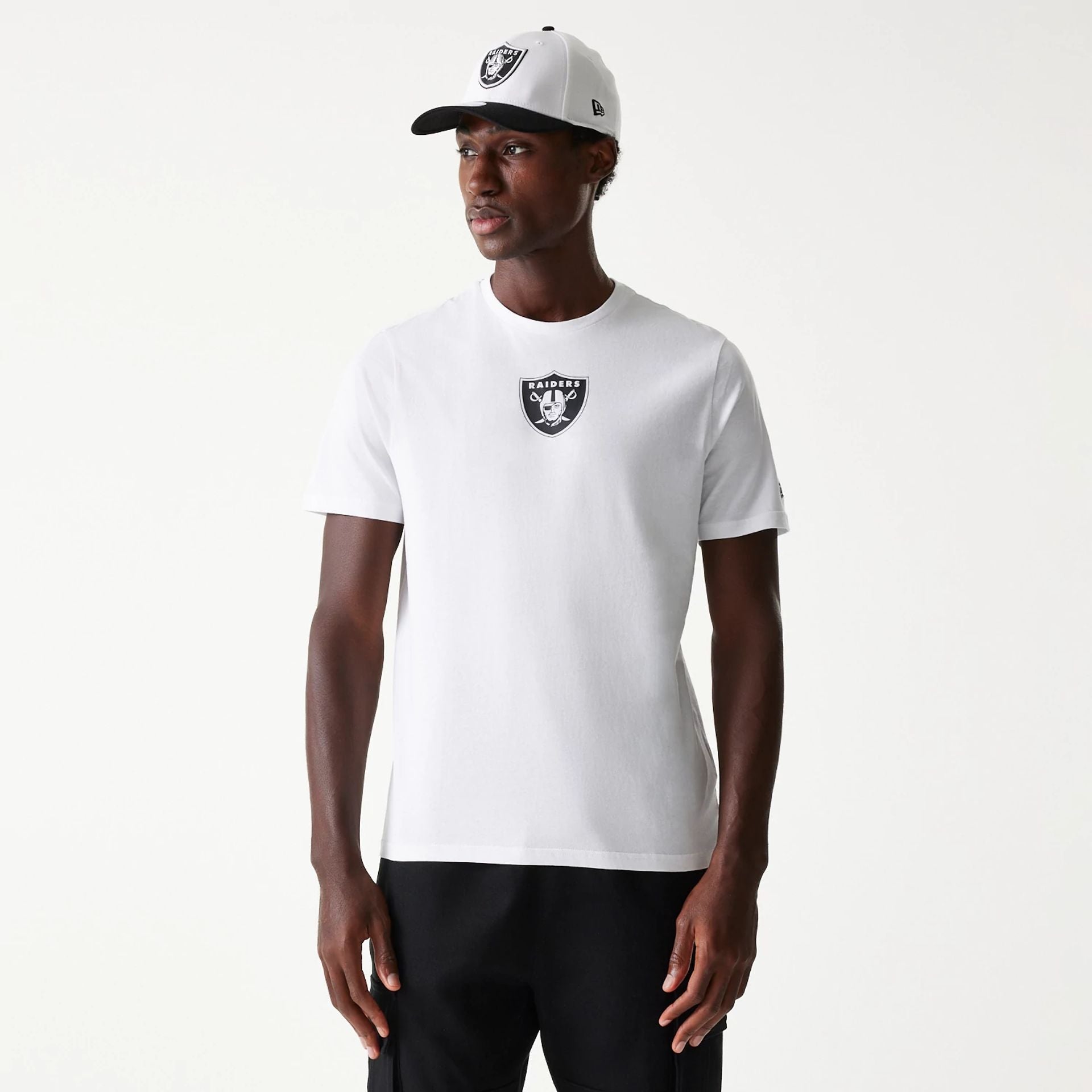 The Male model is wearing Las Vegas Raiders NFL White T-Shirt 1