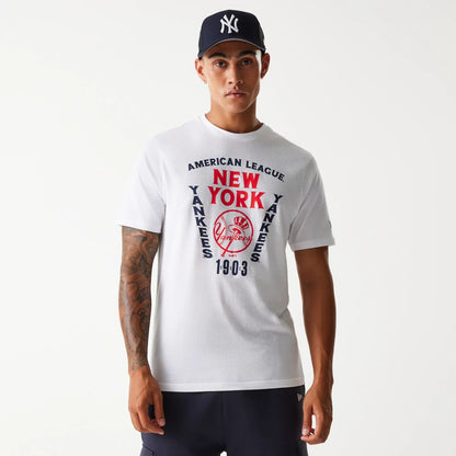 The Male model is wearing New York Yankees MLB Slanted Logo White T-Shirt 1