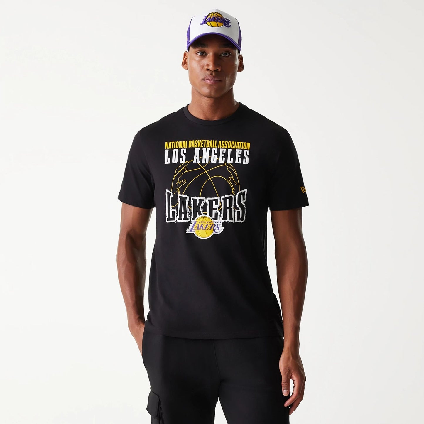 The Male model is wearing LA Lakers NBA Wordmark Black T-Shirt 1