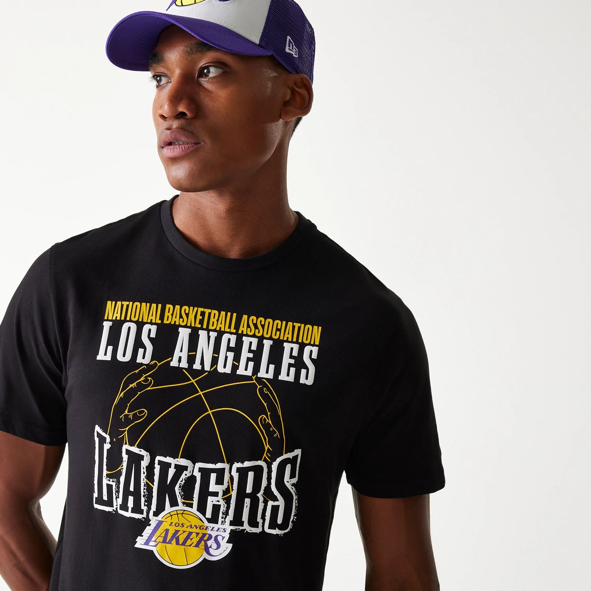 The Male model is wearing LA Lakers NBA Wordmark Black T-Shirt 4