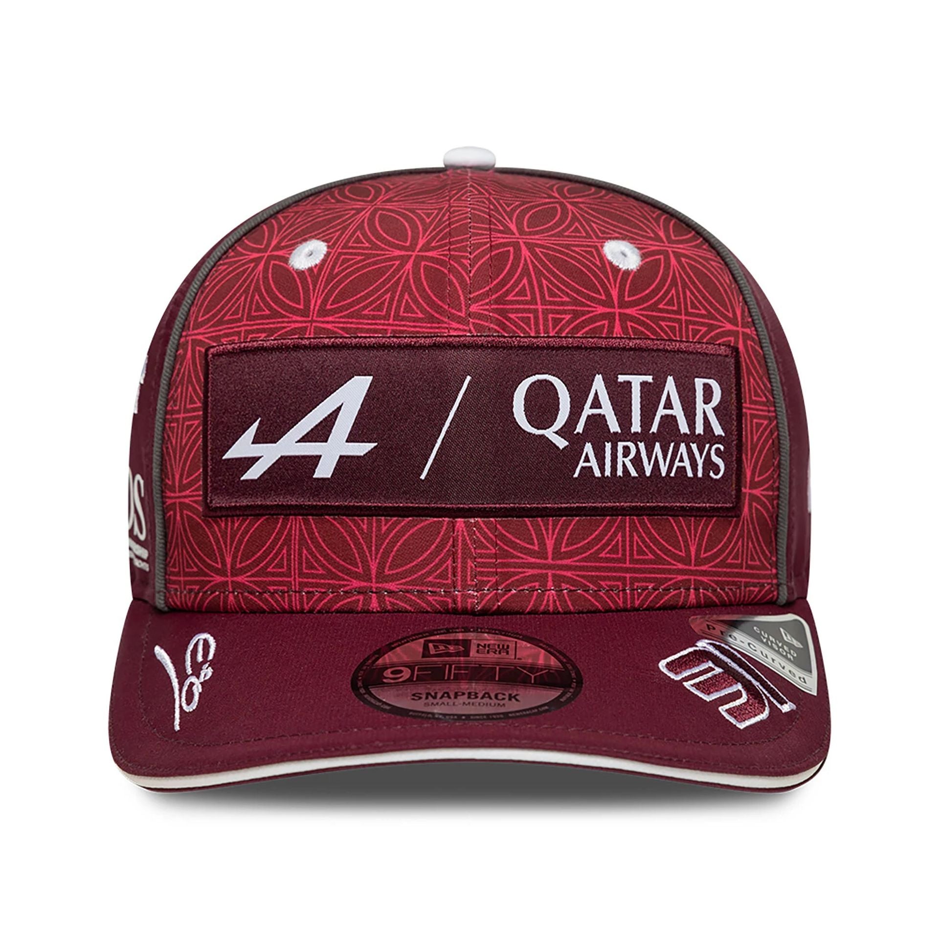 This is a Alpine Racing x Qatar Esteban Ocon Dark Red 9FIFTY Snapback Cap 2