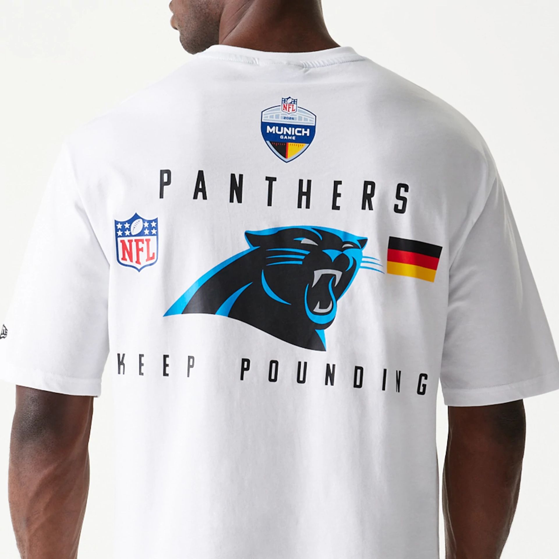 The Male model is wearing Carolina Panthers NFL Games Slogan White Oversized T-Shirt 6