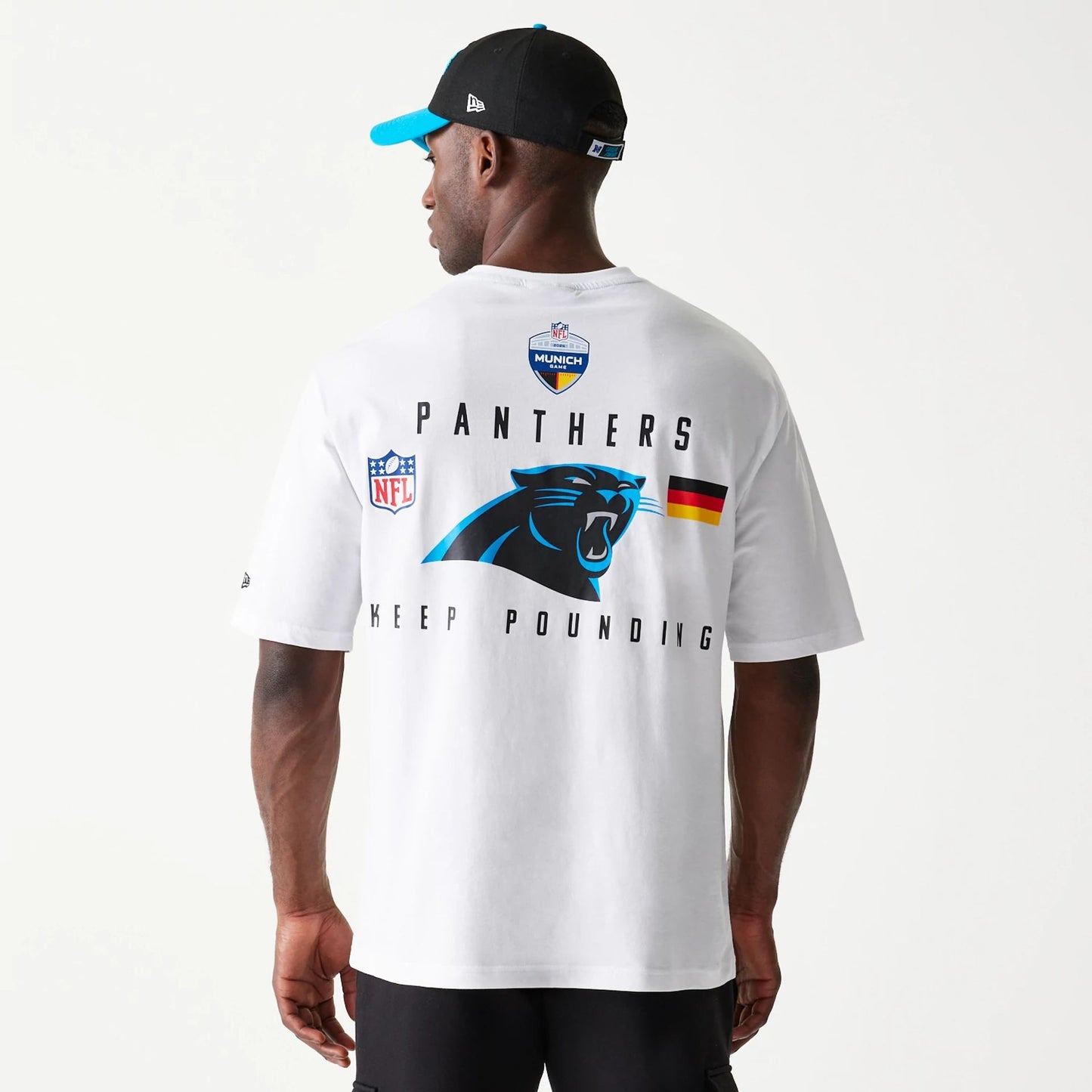 The Male model is wearing Carolina Panthers NFL Games Slogan White Oversized T-Shirt 7