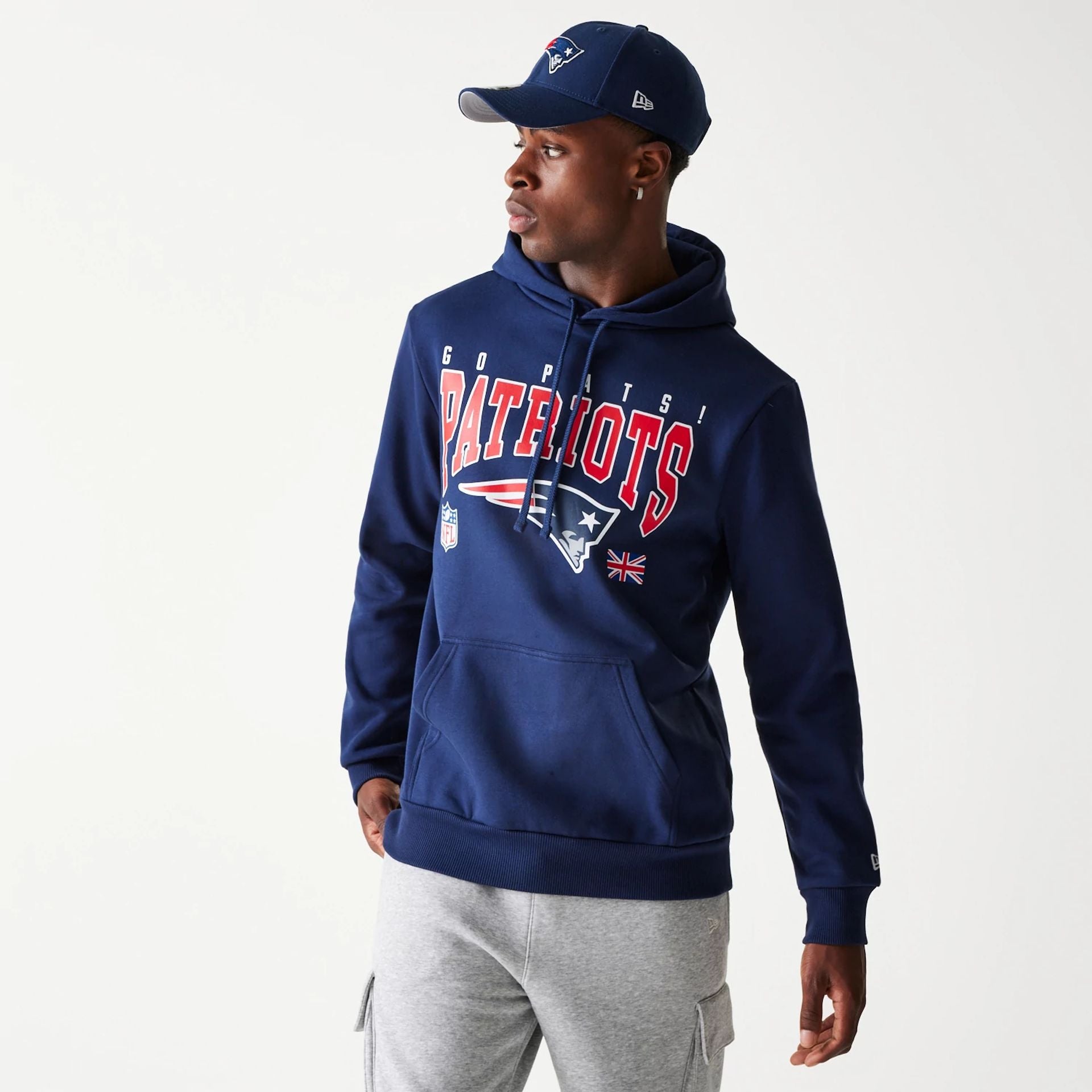 The Male model is wearing New England Patriots NFL Games Slogan Dark Blue Pullover Hoodie 1