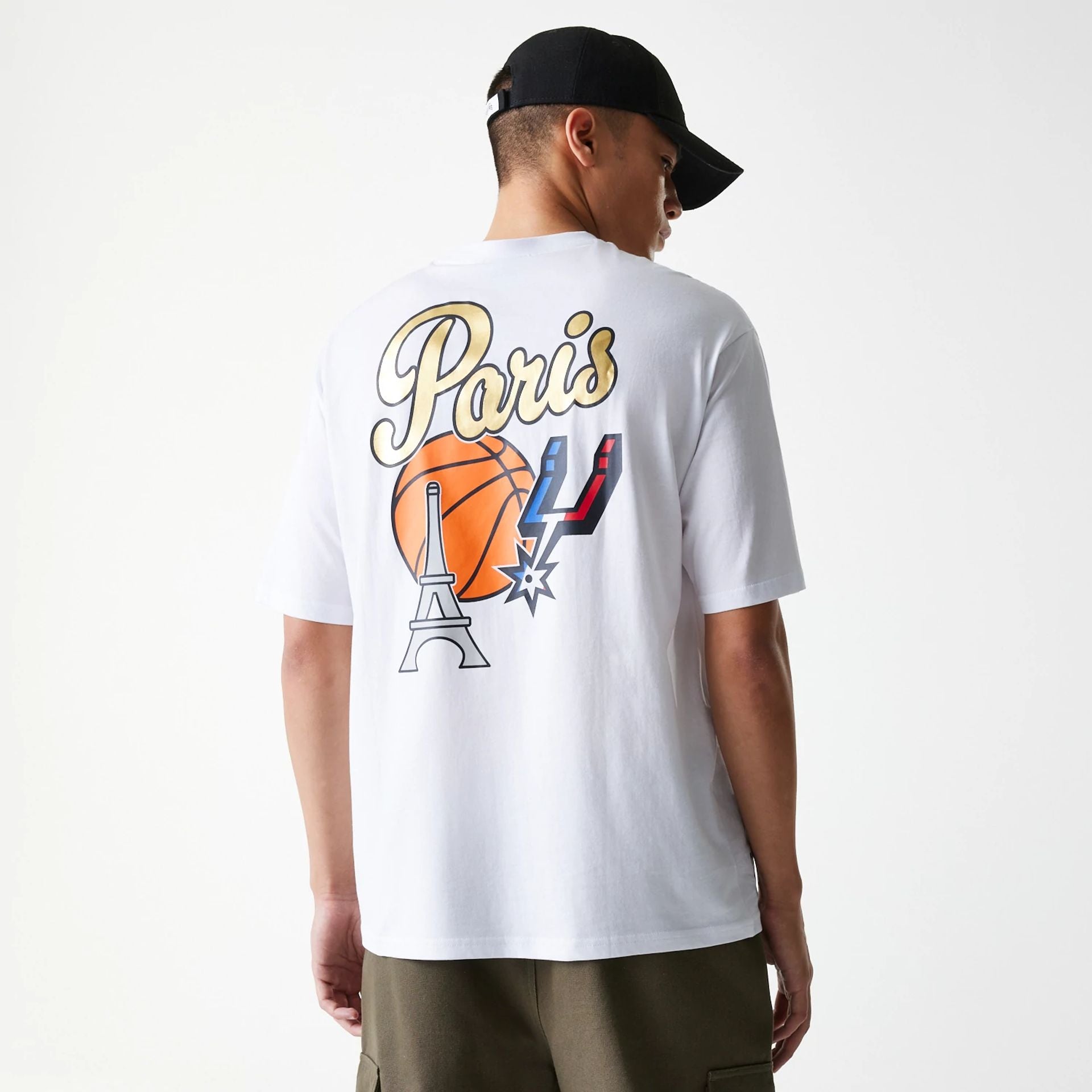 The Male model is wearing San Antonio Spurs NBA Paris Games 2025 White T-Shirt 2