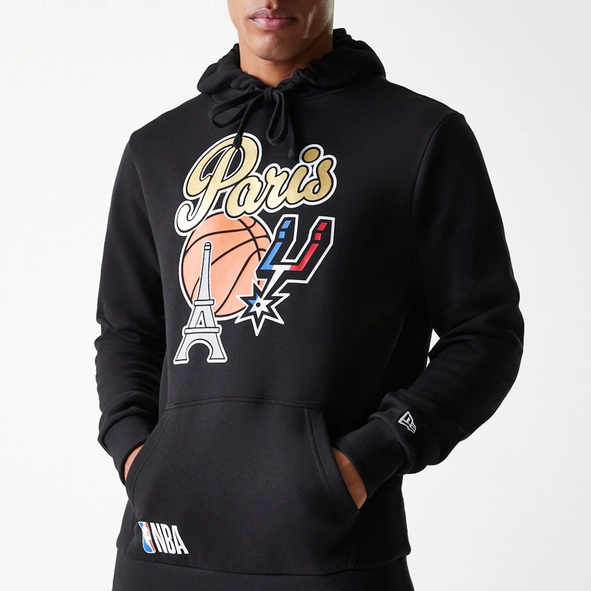 The Male model is wearing San Antonio Spurs NBA Paris Games 2025 Black Pullover Hoodie 7