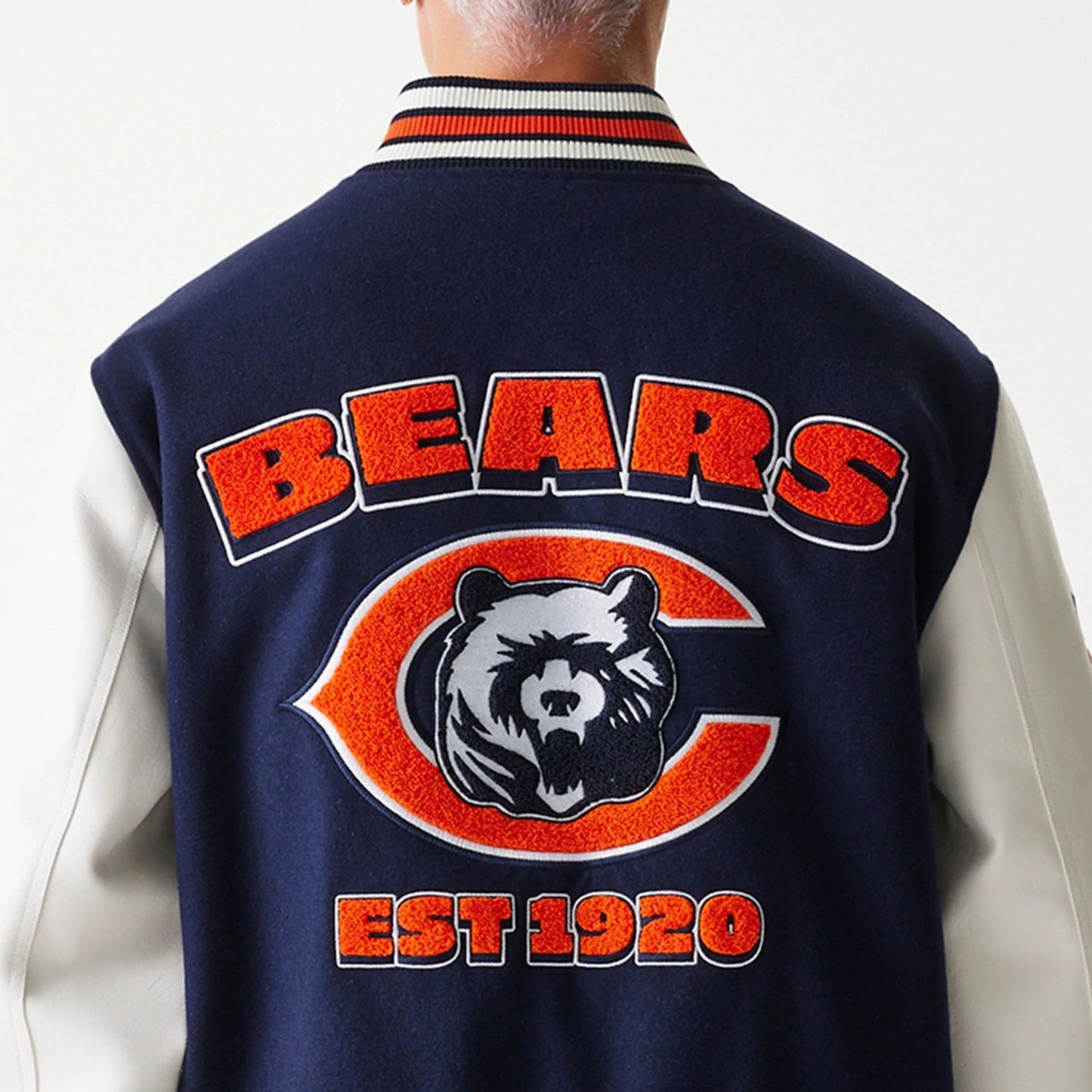 The Male model is wearing Chicago Bears NFL Navy Varsity Jacket 5